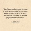 1 Juan 4:18: “En el amor no hay temor, sino que el perfecto amor echa fuera el temor; porque el temor lleva en sí castigo. De donde el que teme, no ha sido perfeccionado en el amor”.