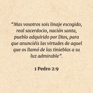 1 Pedro 2:9: “Mas vosotros sois linaje escogido, real sacerdocio, nación santa, pueblo adquirido por Dios, para que anunciéis las virtudes de aquel que os llamó de las tinieblas a su luz admirable”.
