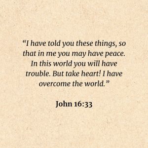 John 16:33: I have told you these things, so that in me you may have peace. In this world you will have trouble. But take heart! I have overcome the world
