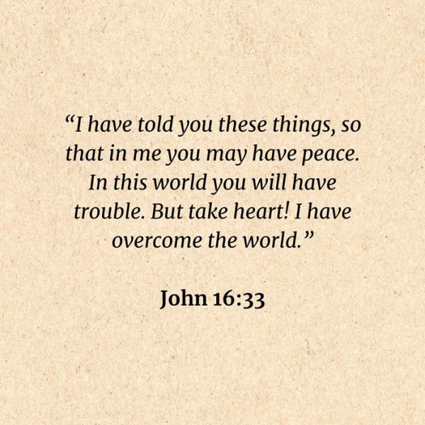 John 16:33: I have told you these things, so that in me you may have peace. In this world you will have trouble. But take heart! I have overcome the world