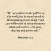 Romans 12:2: Do not conform to the pattern of this world, but be transformed by the renewing of your mind. Then you will be able to test and approve what God’s will is—his good, pleasing and perfect will.